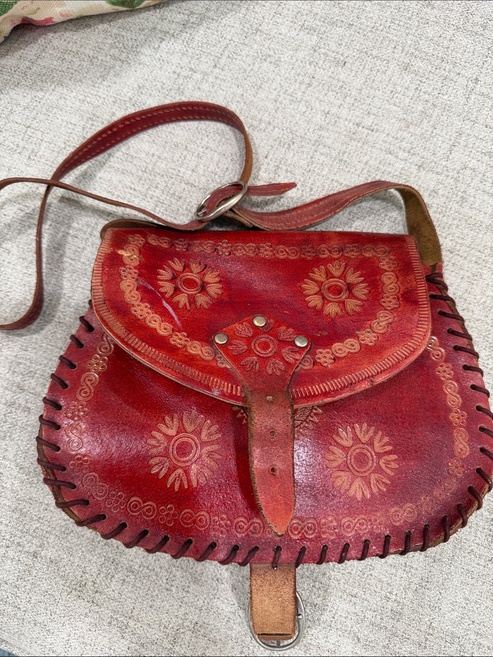 Vintage Red Floral Tooled Leather Crossbody Purse